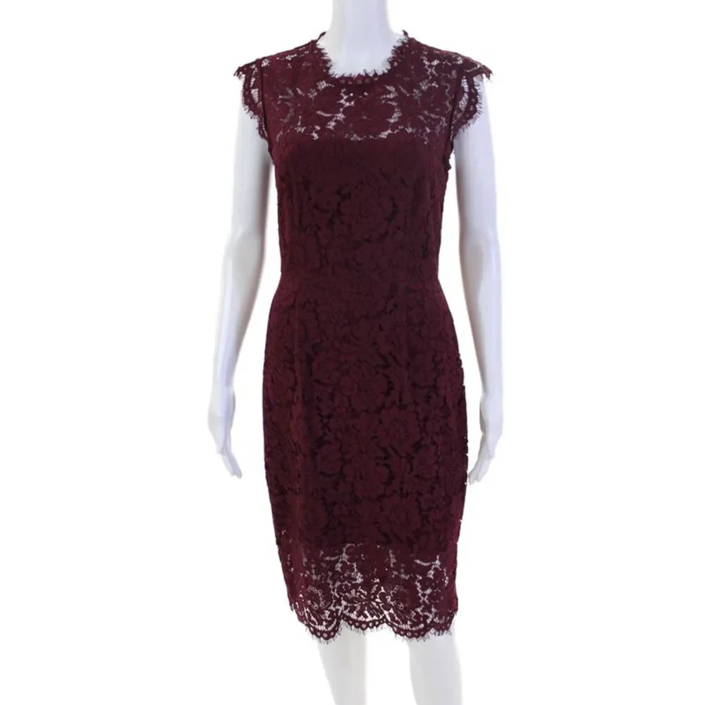 Rachel Zoe Women's Round Neck Sleeveless Fitted Lace Mini Dress Burgundy Size 4